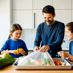 A Portuguese family of four (parents and two children, a boy and a girl) in a bright, modern kitchen, fully clothed in modest, comfortable casual attire. The family is actively engaged in zero-waste practices: a child is filling glass jars with bulk food items from containers, and another child is placing organic scraps into a counter-top compost bin. The kitchen showcases reusable fabric bags, fresh local produce, and stainless steel containers. The scene captures a joyful, educational, and collaborative atmosphere of sustainable living. High-quality professional photography, realistic, vibrant colors, natural lighting, safe for work, appropriate content, fully clothed, family-friendly, perfect anatomy, correct proportions, natural pose, well-formed hands, proper finger count, natural body proportions.
