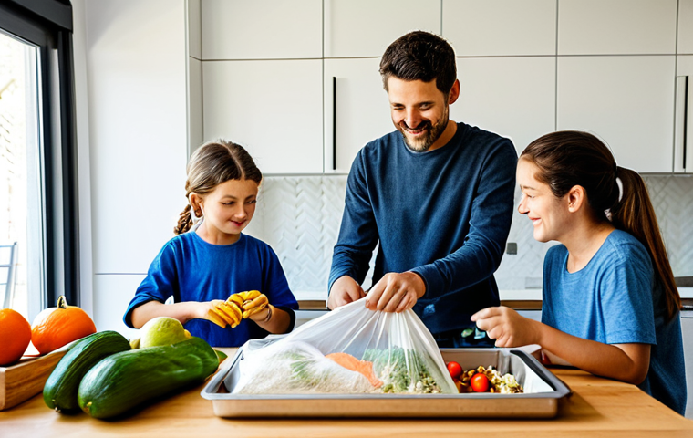 A Portuguese family of four (parents and two children, a boy and a girl) in a bright, modern kitchen, fully clothed in modest, comfortable casual attire. The family is actively engaged in zero-waste practices: a child is filling glass jars with bulk food items from containers, and another child is placing organic scraps into a counter-top compost bin. The kitchen showcases reusable fabric bags, fresh local produce, and stainless steel containers. The scene captures a joyful, educational, and collaborative atmosphere of sustainable living. High-quality professional photography, realistic, vibrant colors, natural lighting, safe for work, appropriate content, fully clothed, family-friendly, perfect anatomy, correct proportions, natural pose, well-formed hands, proper finger count, natural body proportions.