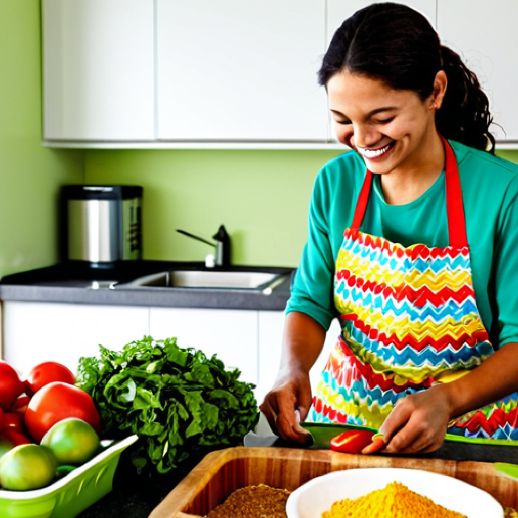 Sustainable Kitchen**
"A bright and airy Brazilian kitchen, featuring reusable containers filled with fresh produce, a compost bin overflowing with organic waste, and a smiling woman in a colorful apron preparing a meal, fully clothed, safe for work, appropriate content, natural proportions, high quality, professional, modest, family-friendly. Focus on vibrant colors and a sense of healthy, sustainable living."
**