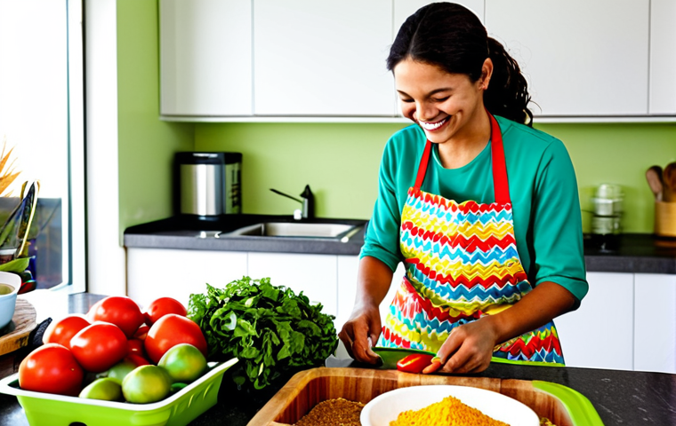 Sustainable Kitchen**
"A bright and airy Brazilian kitchen, featuring reusable containers filled with fresh produce, a compost bin overflowing with organic waste, and a smiling woman in a colorful apron preparing a meal, fully clothed, safe for work, appropriate content, natural proportions, high quality, professional, modest, family-friendly. Focus on vibrant colors and a sense of healthy, sustainable living."
**