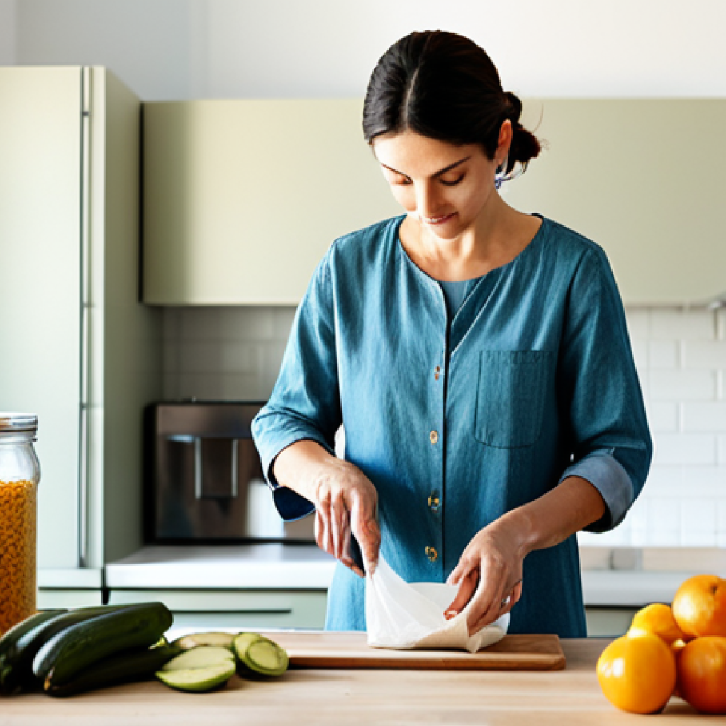 Conscious Consumption at Home**
"A bright and airy kitchen scene. A woman, fully clothed in a stylish, modest outfit, is preparing food with reusable containers and cloth shopping bags nearby. Fresh produce is visible, along with glass jars and minimal packaging. Focus on natural light and a sense of organization and sustainability. Safe for work, appropriate content, professional quality, perfect anatomy, natural proportions, well-formed hands."
**