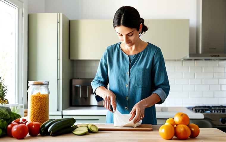 Conscious Consumption at Home**
"A bright and airy kitchen scene. A woman, fully clothed in a stylish, modest outfit, is preparing food with reusable containers and cloth shopping bags nearby. Fresh produce is visible, along with glass jars and minimal packaging. Focus on natural light and a sense of organization and sustainability. Safe for work, appropriate content, professional quality, perfect anatomy, natural proportions, well-formed hands."
**