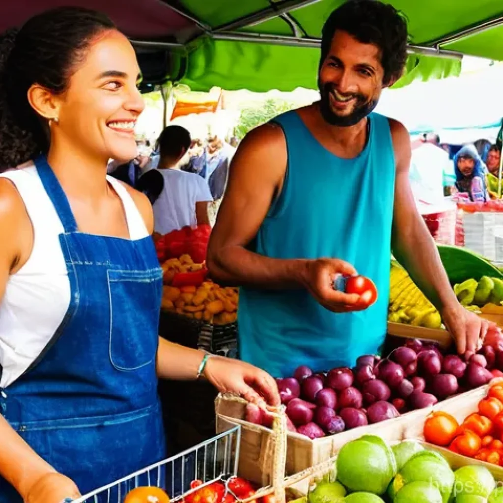 제로웨이스트 카페와 레스토랑 추천 리스트 - **Prompt:** A vibrant, bustling outdoor farmers' market in a Portuguese-speaking country. Sunlight f...