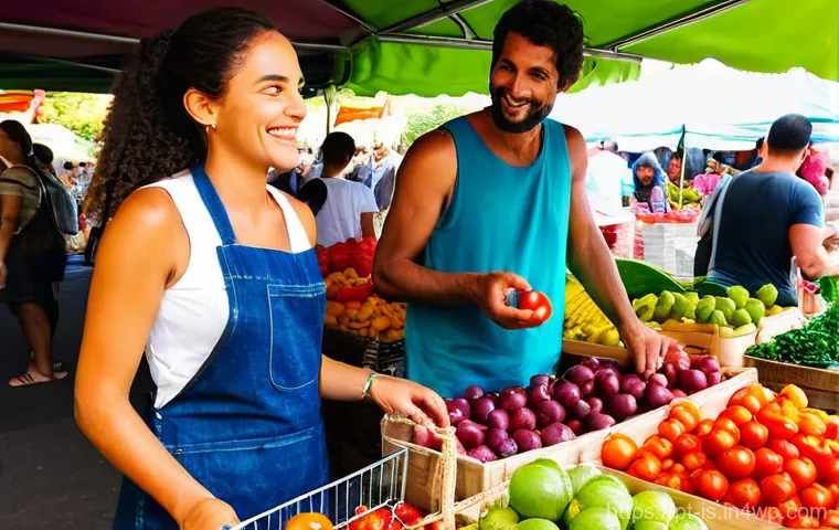제로웨이스트 카페와 레스토랑 추천 리스트 - **Prompt:** A vibrant, bustling outdoor farmers' market in a Portuguese-speaking country. Sunlight f...