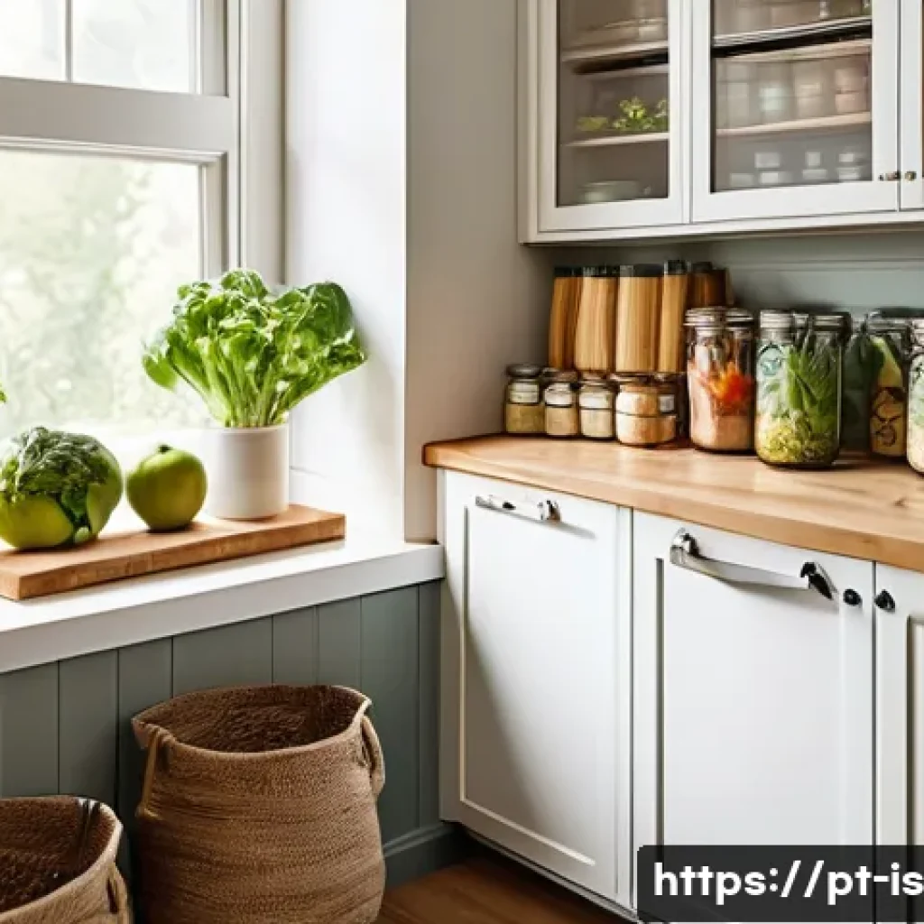 제로웨이스트 라이프 실천을 위한 도전 - A bright and airy sustainable kitchen scene showcasing a well-organized refrigerator with labeled gl...