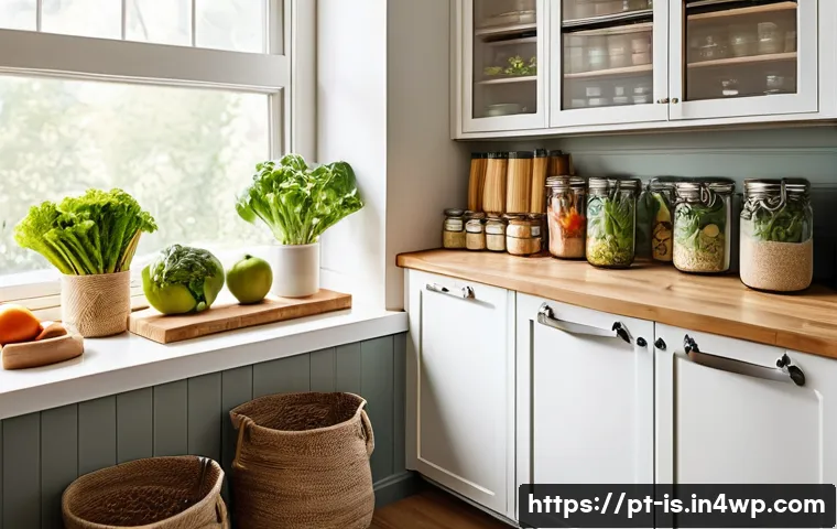 제로웨이스트 라이프 실천을 위한 도전 - A bright and airy sustainable kitchen scene showcasing a well-organized refrigerator with labeled gl...