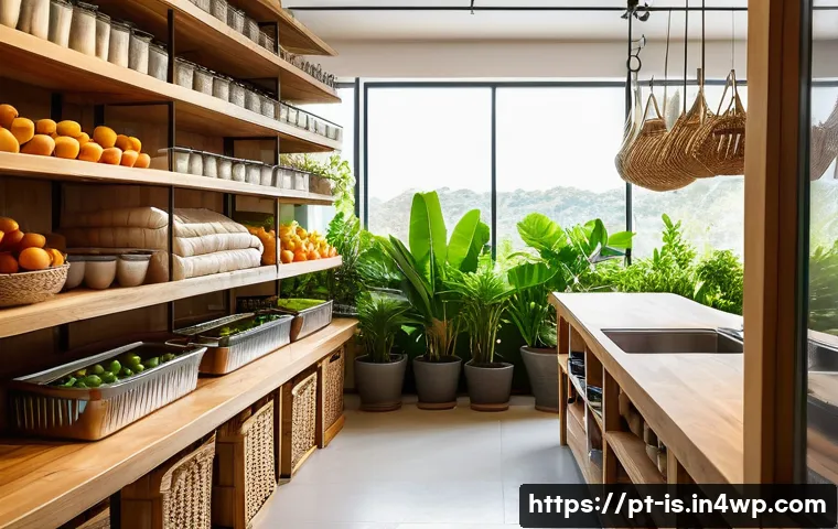 제로웨이스트 생활을 위한 첫걸음 - A vibrant, detailed scene of a modern Brazilian kitchen with a focus on zero waste practices: reusab...