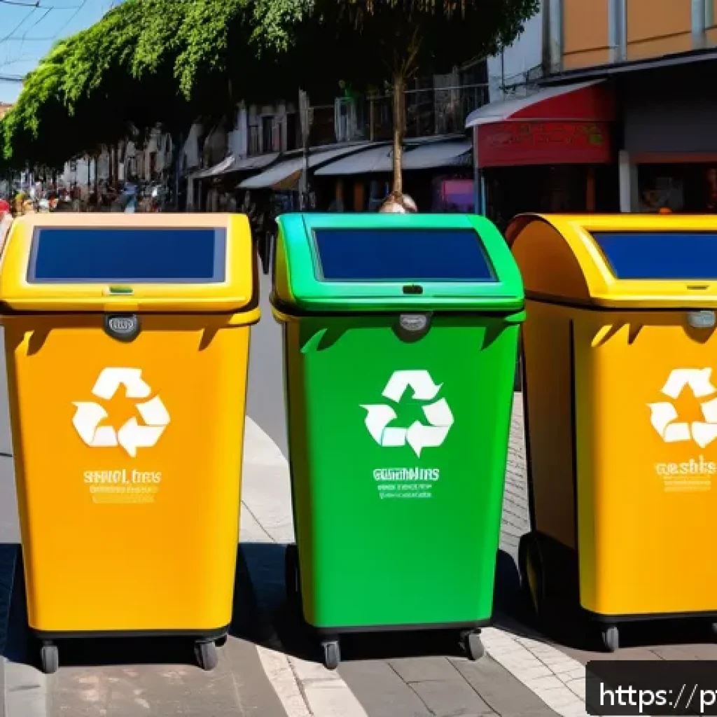 제로웨이스트 라이프의 기술적 접근 방법 - A vibrant Brazilian urban street scene showing people using smart recycling bins with digital screen...