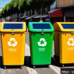 Home 22 제로웨이스트 라이프의 기술적 접근 방법 - A vibrant Brazilian urban street scene showing people using smart recycling bins with digital screen...