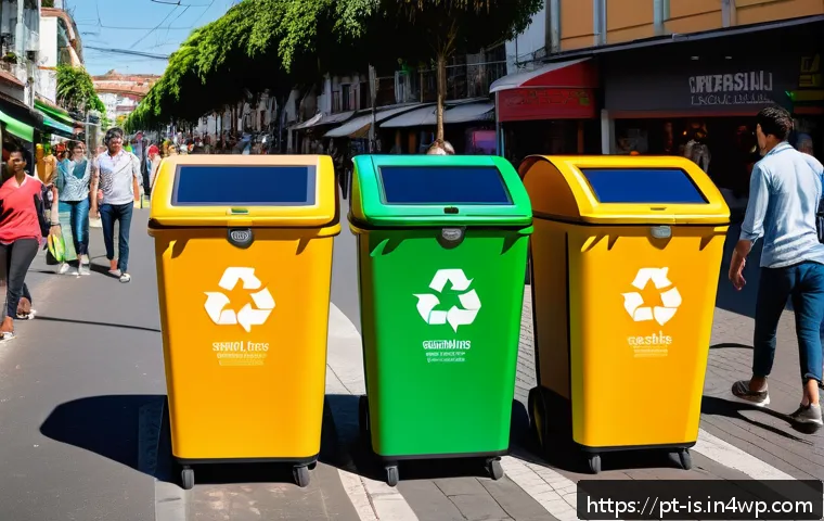 제로웨이스트 라이프의 기술적 접근 방법 - A vibrant Brazilian urban street scene showing people using smart recycling bins with digital screen...