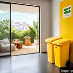 Home 21 제로웨이스트 가정에서의 재활용 팁 - A bright and tidy home recycling station setup in a modern Brazilian apartment, featuring clearly la...