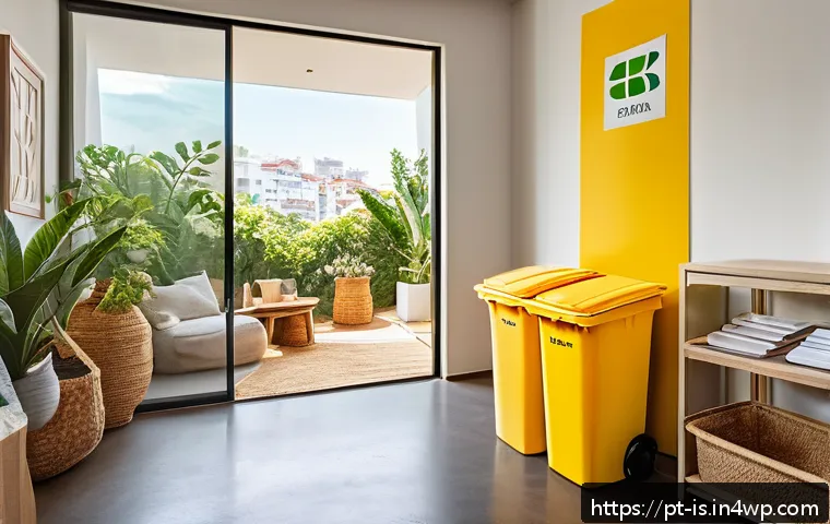 제로웨이스트 가정에서의 재활용 팁 - A bright and tidy home recycling station setup in a modern Brazilian apartment, featuring clearly la...