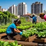 Home 20 제로웨이스트 커뮤니티의 성공 사례 - A vibrant community garden in a busy Brazilian urban neighborhood, with diverse green plants and col...