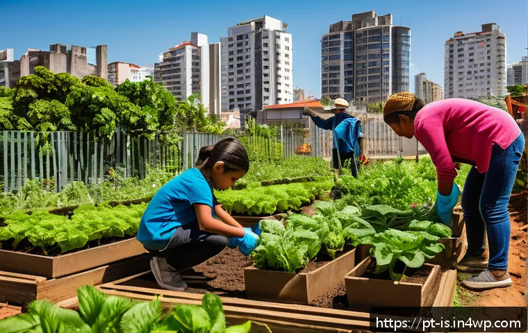 제로웨이스트 커뮤니티의 성공 사례 - A vibrant community garden in a busy Brazilian urban neighborhood, with diverse green plants and col...